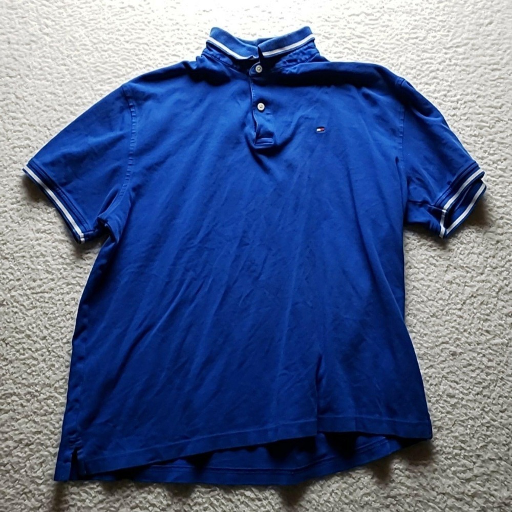 Tommy Hilfiger Polo Shirt Mens XL Blue Solid‎ Short Sleeve Cotton Knit Logo Top